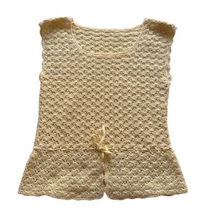 Vintage Handmade Crochet Top Shell Stitch Yellow Drawstring Peplum Boho  Small